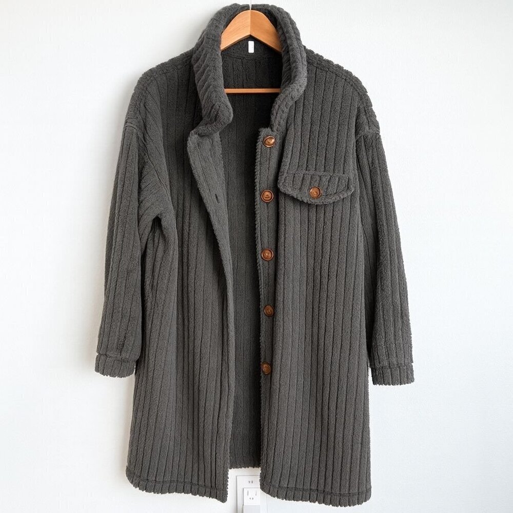 Boutique Womens Plus Size 2XL Ribbed Faux Sherpa Turn Down Collar Long Coat Gray